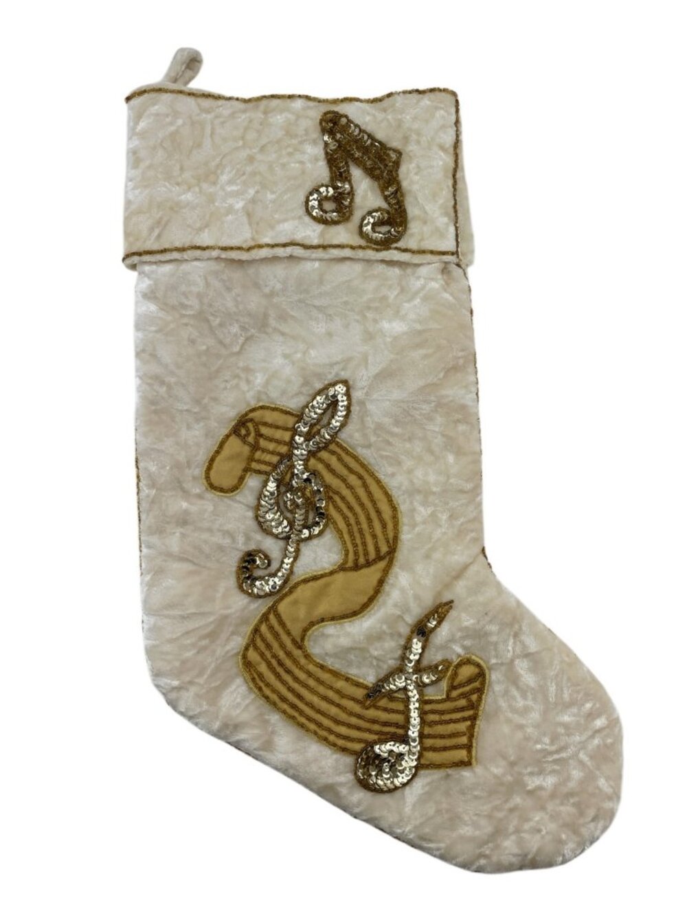 Embellished Christmas Stocking Musical Notes Ivory Velvet Gold Sequin Bead 19"